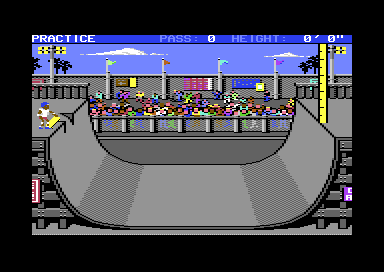 The half-pipe seen from the side, with the crowd in the stands behind it, the skater waiting on the left platform, and PRACTICE, PASS: 0 and HEIGHT: 0' 0" along the top