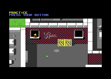 Two skaters in an alley seen from above, between fences and bins, with both players' scores at the top