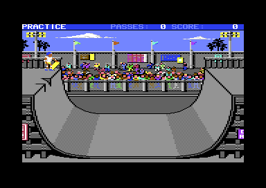 The half-pipe with the crowd behind it, the skater in the air above the right wall, and the score along the top