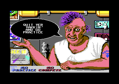 Rodney's skate shop, with Rodney behind the counter and his speech balloon