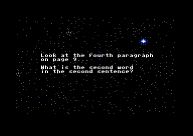 A manual question in white over the star field, black border