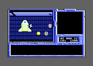 The hangar at Hiathra drawn from tiles, the player beside the Sunracer