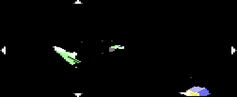 The 3D view in a fight, in the C64's pixels: two green ships, a blue and white ship near the camera, grey dots and four arrows