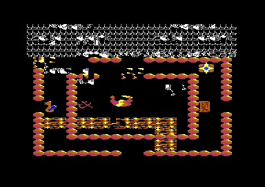 The game after the second scroll: the panel and the play area written over with stray characters