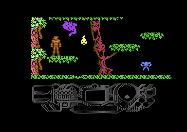 The first screen of play: Tal on a ledge in the jungle, the status panel below