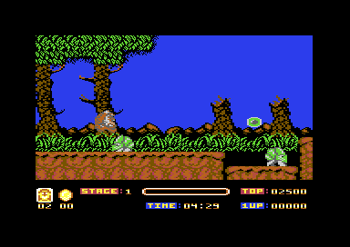 Toki standing in the jungle at the start of stage 1, with the status bar below