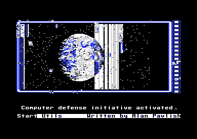 Side 3's start-up: a planet in blue and grey with no logo, stripes at the right of the picture, and Computer defense initiative activated.