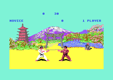 The start of a Novice bout: the white and red fighters facing each other in front of Mount Fuji, a pagoda and a torii gate