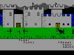 Valheim, a castle on a green plain, with Leer, Loki, Skadi, you and Idun named below the figures